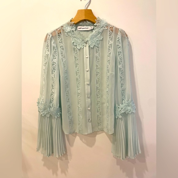 Self Portrait Blue Chiffon Lace Top - Picture 2 of 4